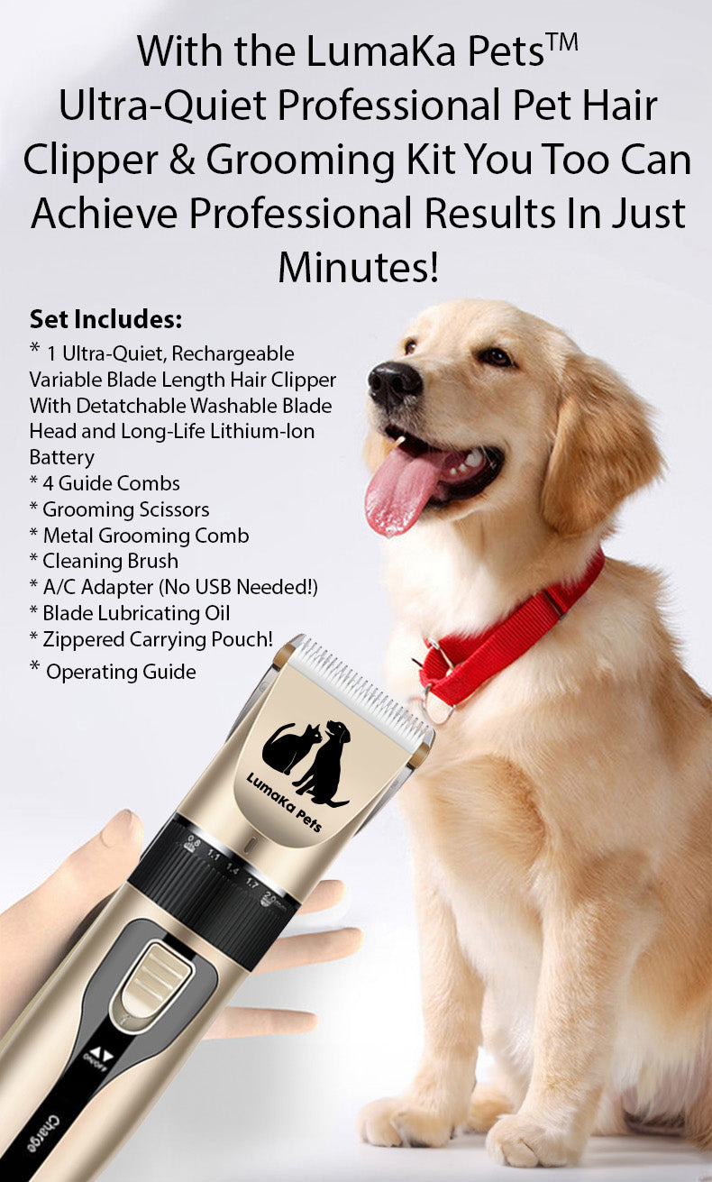 LumaKa Pets Dog Grooming Clippers, Dog Hair Clippers, Professional Cordless Dog Clippers/Shaver - Low-Noise, Anti-Anxiety, Lightweight, Long Battery Life, Grooming Scissors, Storage Pouch, & More