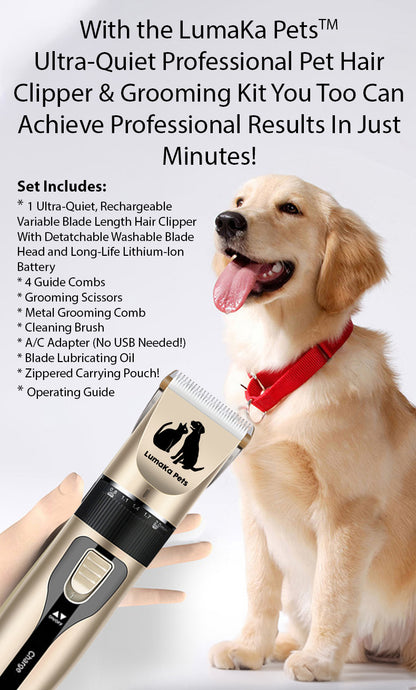 LumaKa Pets Dog Grooming Clippers, Dog Hair Clippers, Professional Cordless Dog Clippers/Shaver - Low-Noise, Anti-Anxiety, Lightweight, Long Battery Life, Grooming Scissors, Storage Pouch, & More