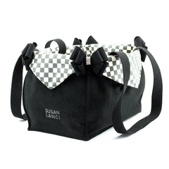 Susan Lanci Designs Black Double Nouveau Bow Luxury Carrier with Windsor Check Flaps