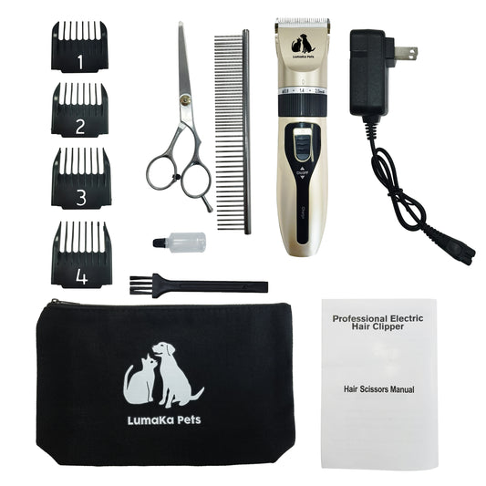 LumaKa Pets Dog Grooming Clippers, Dog Hair Clippers, Professional Cordless Dog Clippers/Shaver - Low-Noise, Anti-Anxiety, Lightweight, Long Battery Life, Grooming Scissors, Storage Pouch, & More